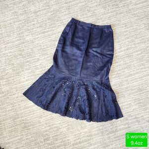 LINO USA women's Linen Fishtail Midi Skirt navy blue size S